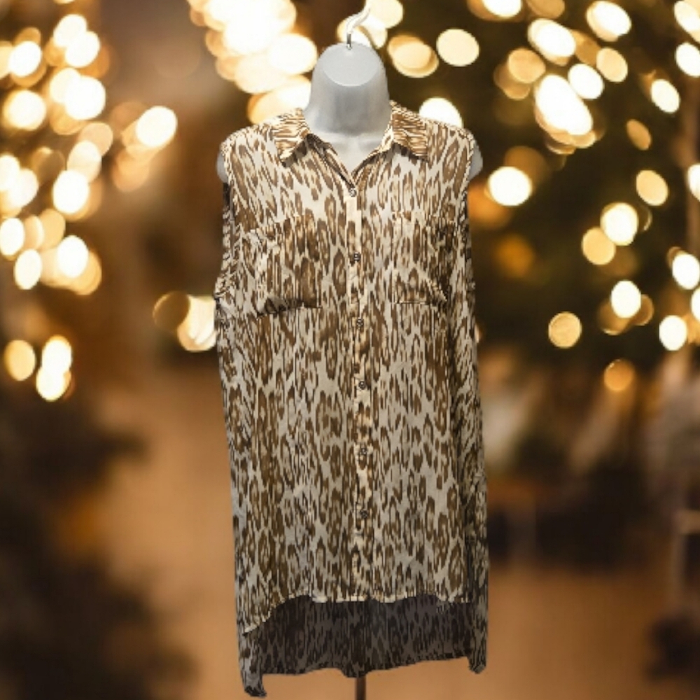 Chico's Sheer Sleeveless Cream & Brown Animal Print Button Up Blouse  EUC